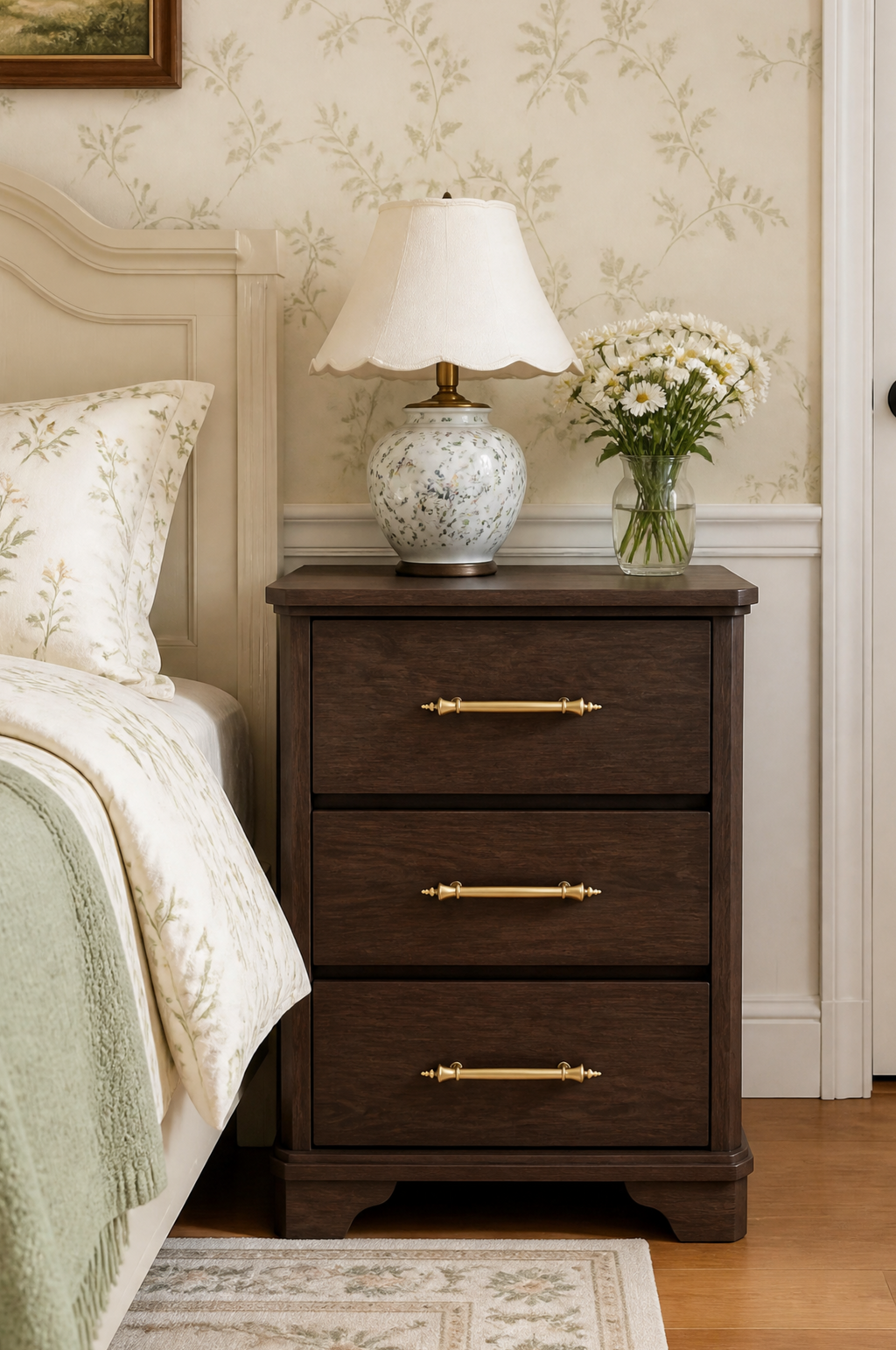 3-Drawer Classic Wooden Nightstand | Recessed Panel Bedside Cabinet with Long Brass Bar Pulls & Curved Kickboard Base