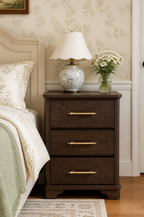 3-Drawer Classic Wooden Nightstand | Recessed Panel Bedside Cabinet with Long Brass Bar Pulls & Curved Kickboard Base
