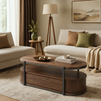 Oval Fluted Wood & Metal Coffee Table with Large Sliding Storage Drawer, 2-Tier Ribbed Cocktail Table, Curved Edge Wooden Center Table for Modern & Japandi Living Room
