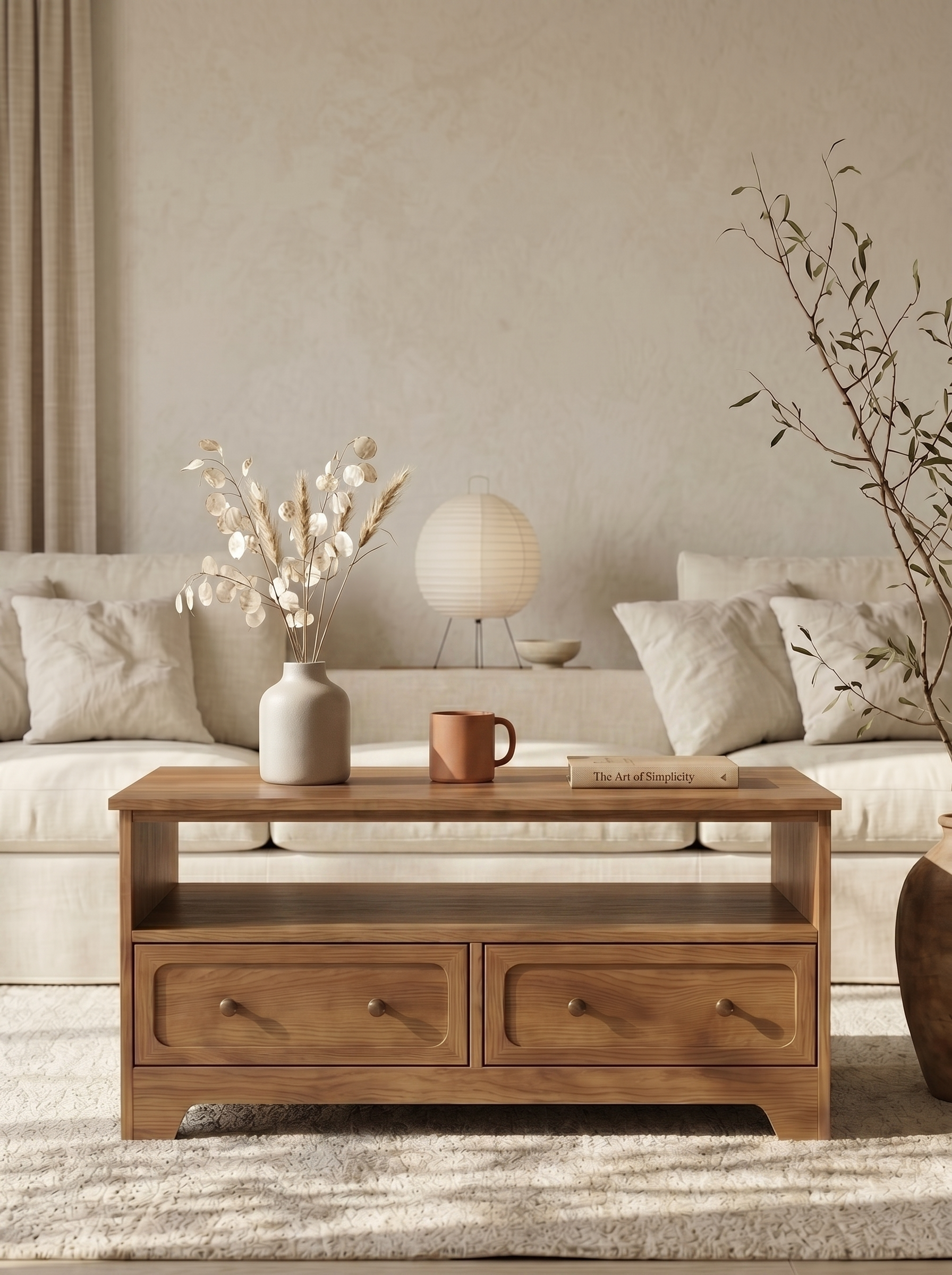 2-Drawer Rectangular Wooden Coffee Table | Farmhouse Storage Center Table with Open Compartment & Round Wood Knobs
