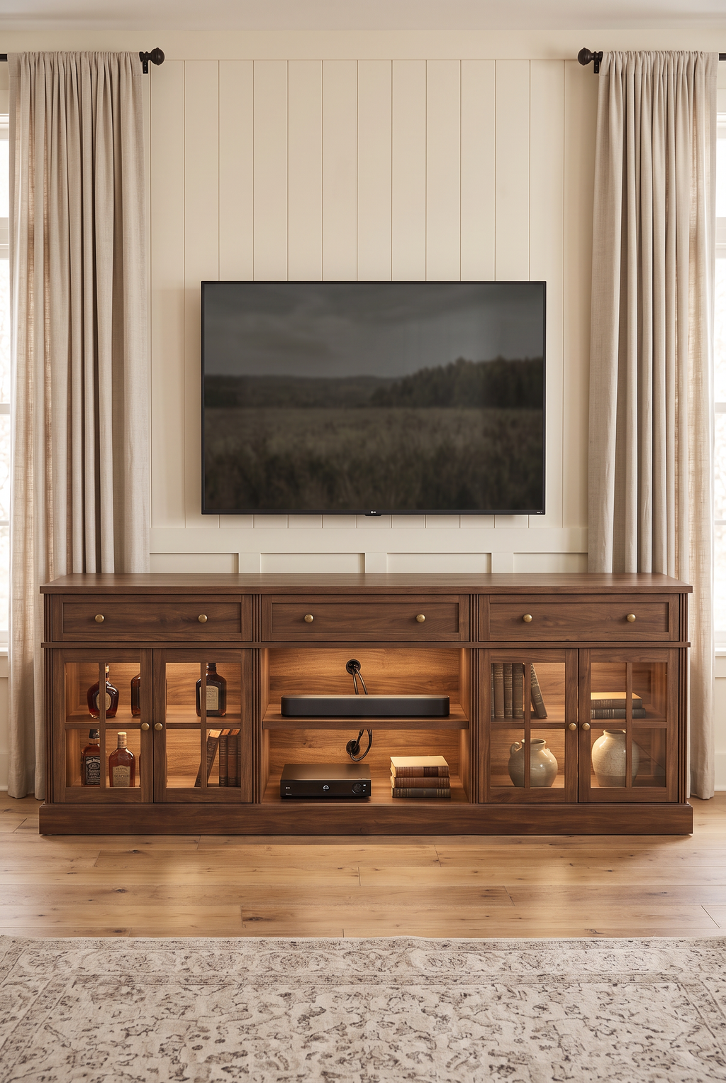 80" Farmhouse Wooden TV Stand for TVs up to 90", Media Entertainment Center with LED Lights, 3 Drawers, Glass Storage Cabinets & Adjustable Shelves, Multi-Purpose TV Console Credenza for Living Room