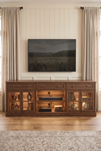 80" Farmhouse Wooden TV Stand for TVs up to 90", Media Entertainment Center with LED Lights, 3 Drawers, Glass Storage Cabinets & Adjustable Shelves, Multi-Purpose TV Console Credenza for Living Room