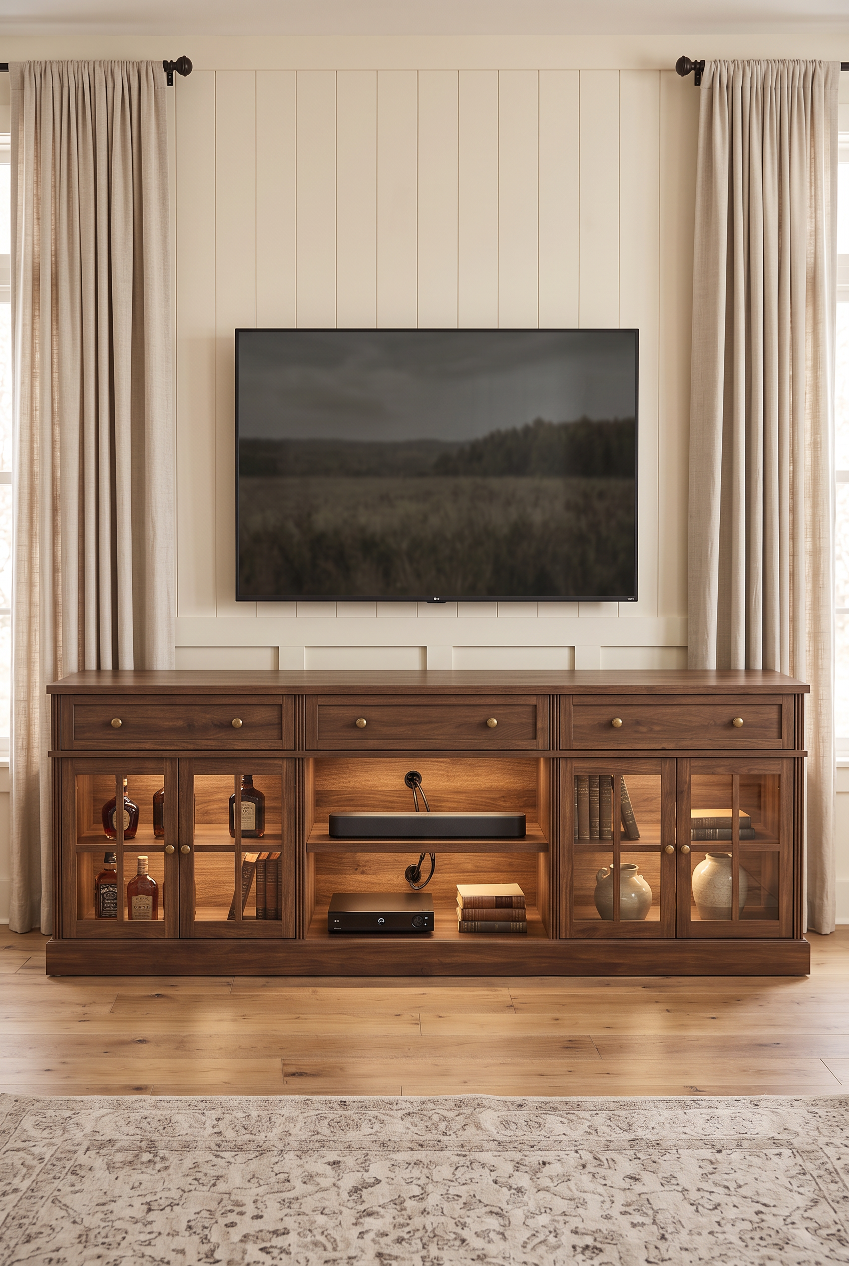 80" Farmhouse Wooden TV Stand for TVs up to 90", Media Entertainment Center with LED Lights, 3 Drawers, Glass Storage Cabinets & Adjustable Shelves, Multi-Purpose TV Console Credenza for Living Room