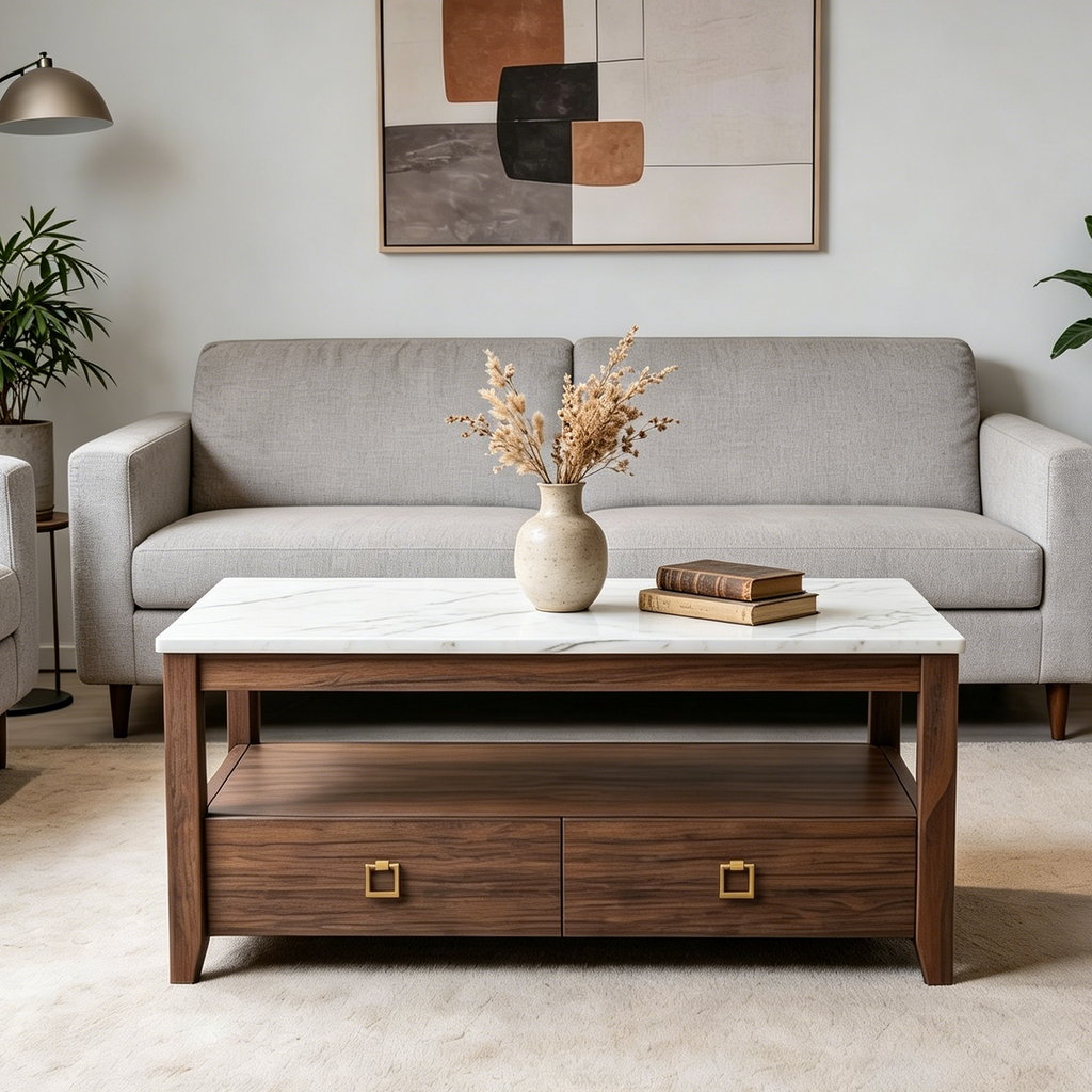 Marble Top 2-Drawer Wooden Coffee Table, Rectangular Storage Center Table with Gold Square Pulls, Modern Farmhouse Living Room Cocktail Table