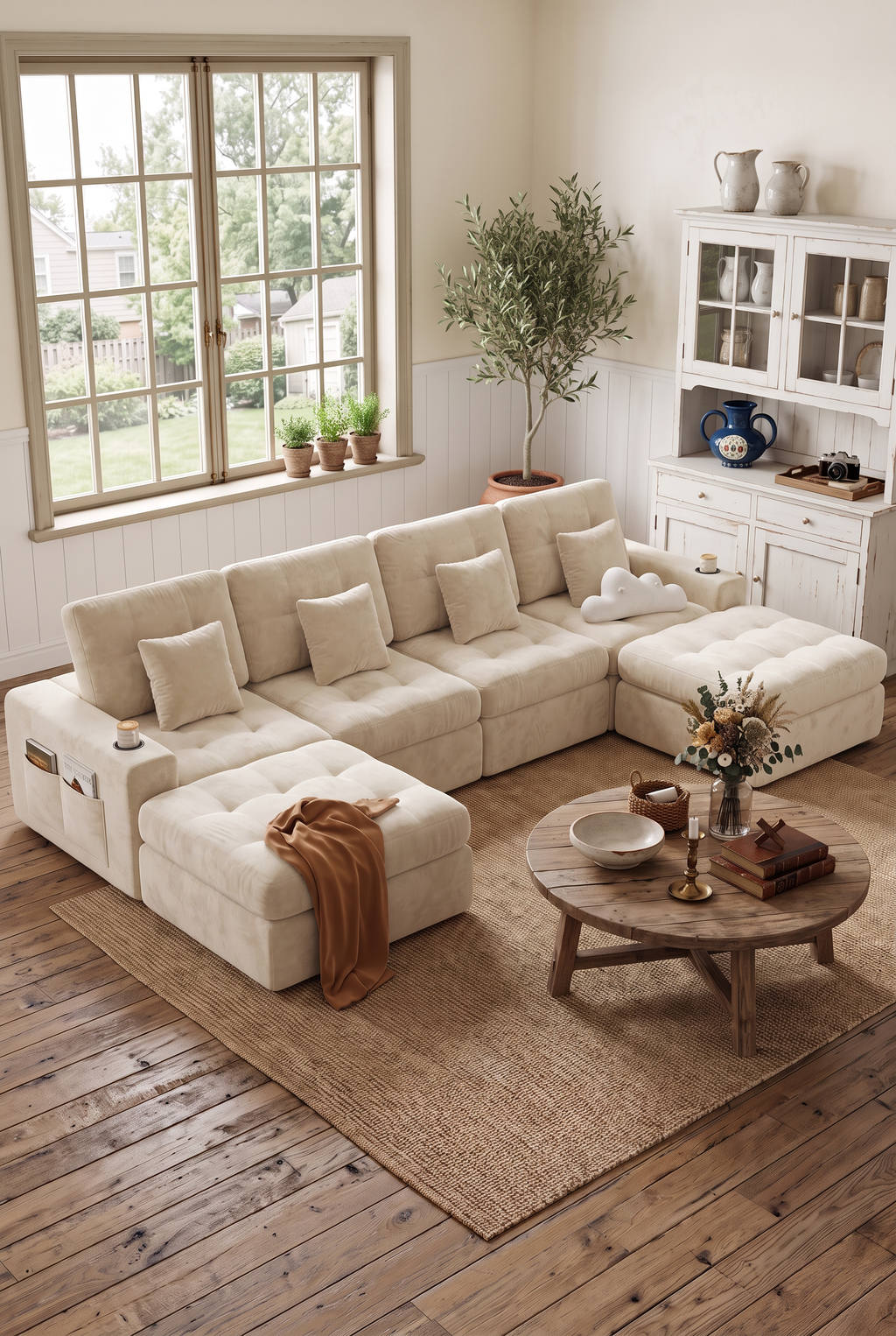 113"/143" Modular Sectional Sofa, Convertible L-Shape & U-Shape Cloud Boneless Couch with Ottoman, Layered Cushion Upholstered Sofa for Living Room Apartment