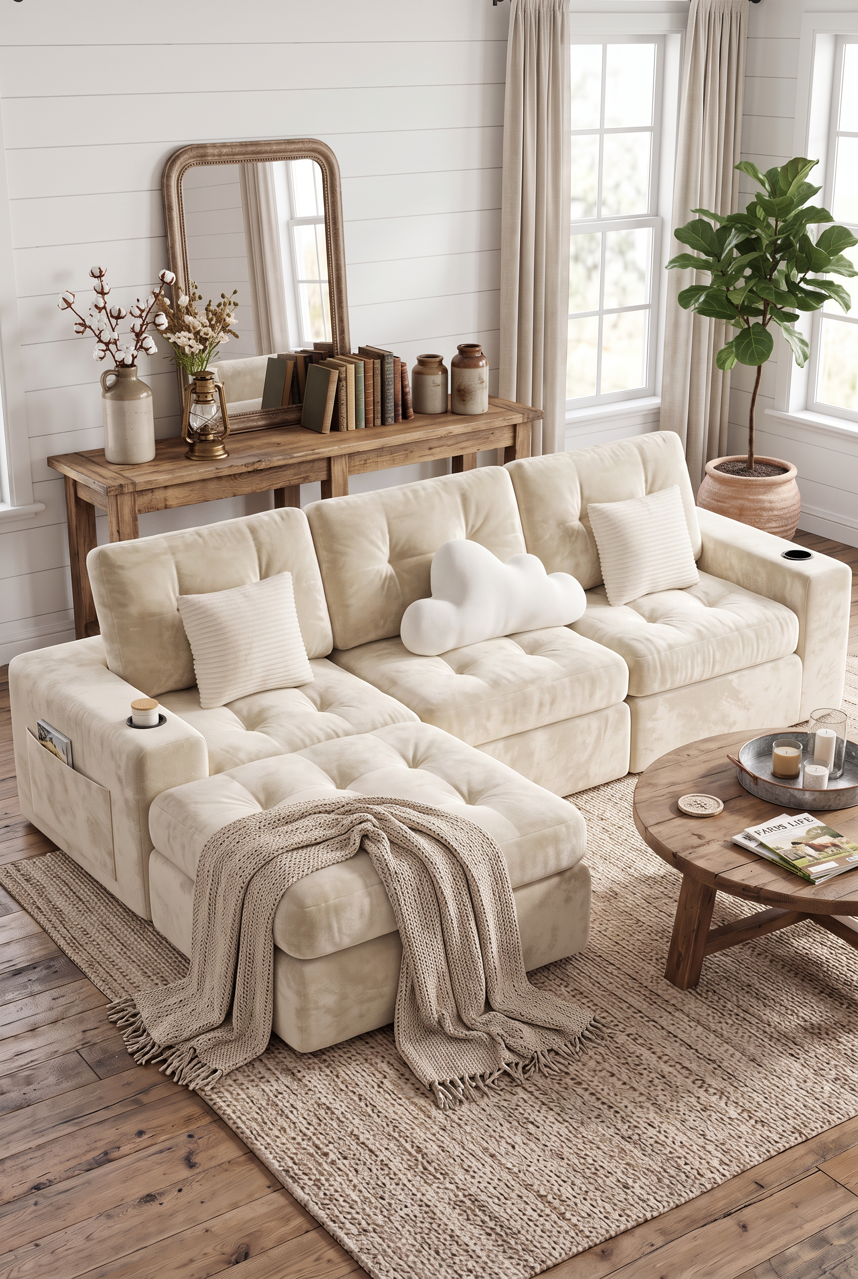 113"/143" Modular Sectional Sofa, Convertible L-Shape & U-Shape Cloud Boneless Couch with Ottoman, Layered Cushion Upholstered Sofa for Living Room Apartment