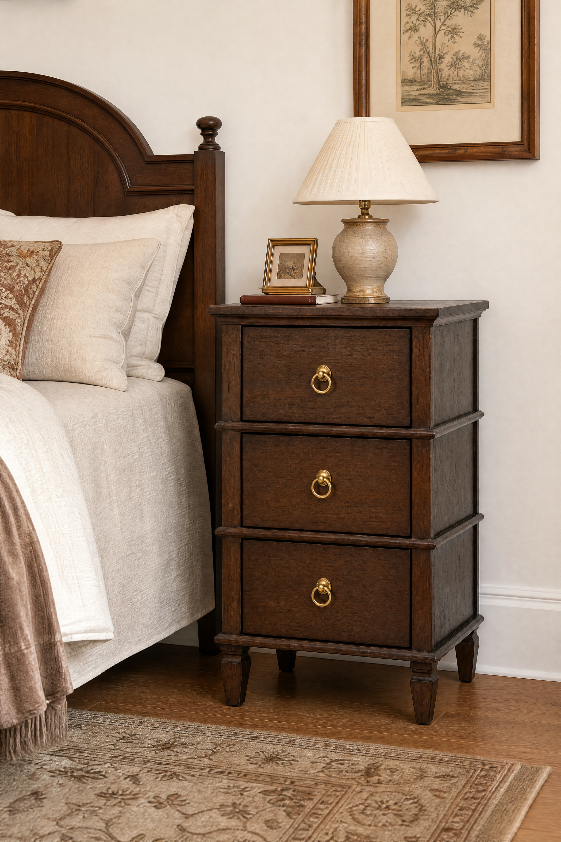 Traditional 3-Drawer Wooden Nightstand | Vintage Bedside Cabinet with Turned Legs & Brass Ring Pulls