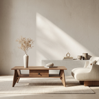 Wooden Coffee Table with Drawer and Open Storage Shelf, Mid‑Century Modern Rectangle Center Table for Living Room, Stable A‑Frame Legs Cocktail Table