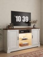 Wooden TV Stand Media Console with Built-In LED Light, 2 Closed Storage Doors & Central Glass Shelf Compartment, Traditional Fluted Trim Entertainment Center for Living Room