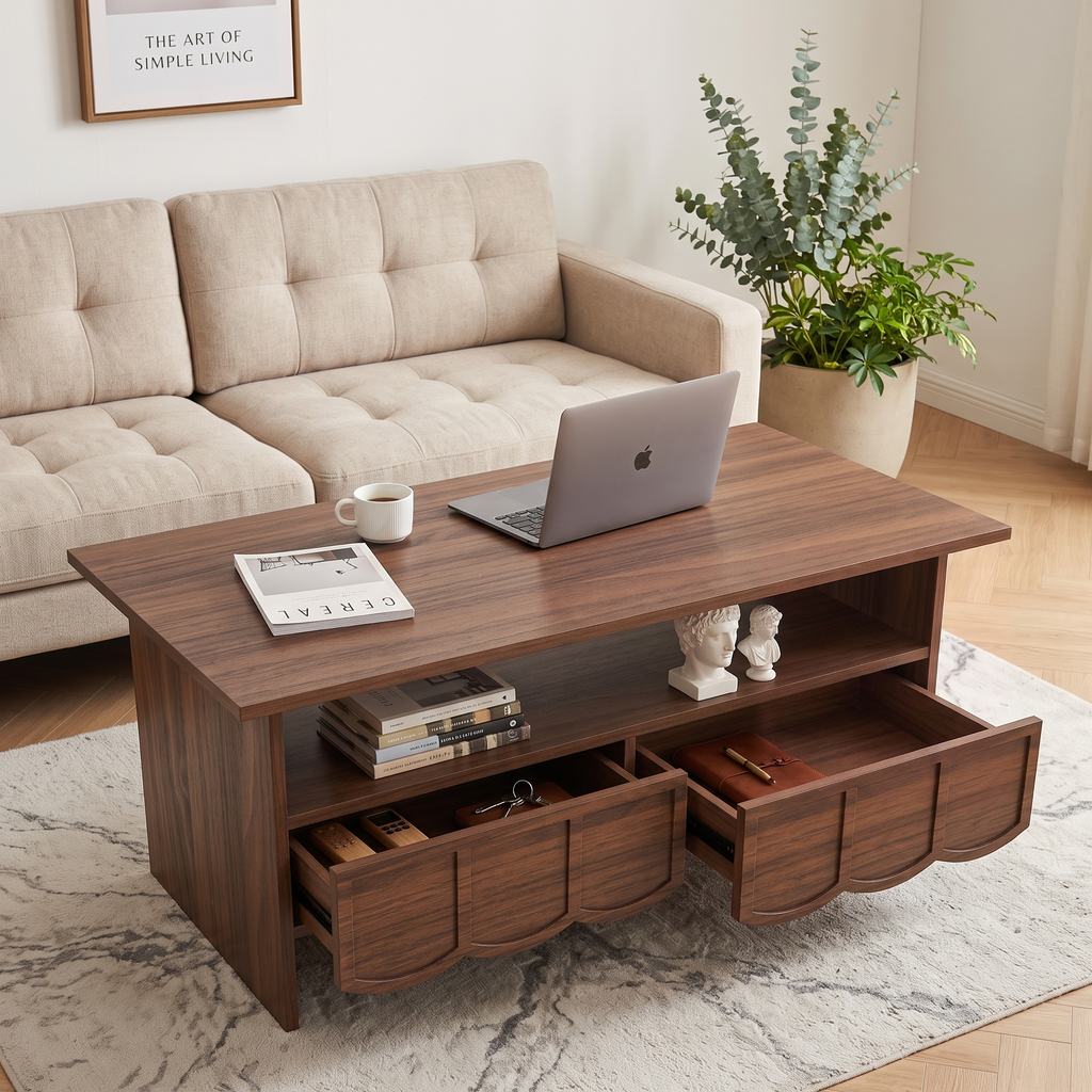 Scalloped Front 2-Drawer Wooden Coffee Table, Rectangular Open Shelf Storage Cocktail Table with Wavy Drawer Panels for Living Room