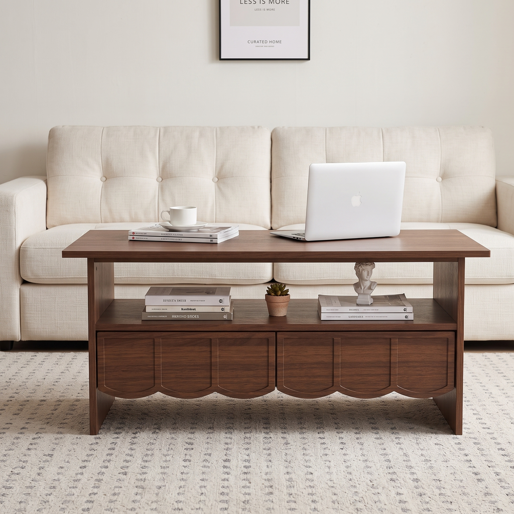 Scalloped Front 2-Drawer Wooden Coffee Table, Rectangular Open Shelf Storage Cocktail Table with Wavy Drawer Panels for Living Room