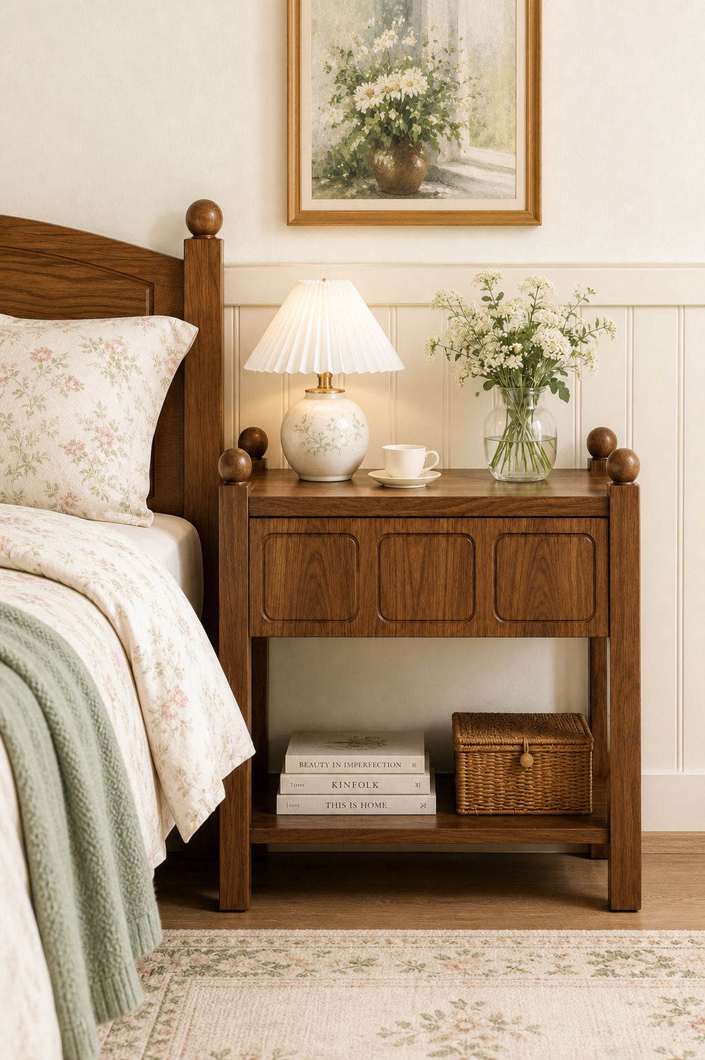 2-Style Vintage Wooden Nightstand Collection | Scalloped Drawer & Recessed Panel Open Storage Bedside Table with Ball Turned Posts