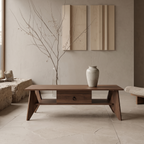 Wooden Coffee Table with Drawer and Open Storage Shelf, Mid‑Century Modern Rectangle Center Table for Living Room, Stable A‑Frame Legs Cocktail Table