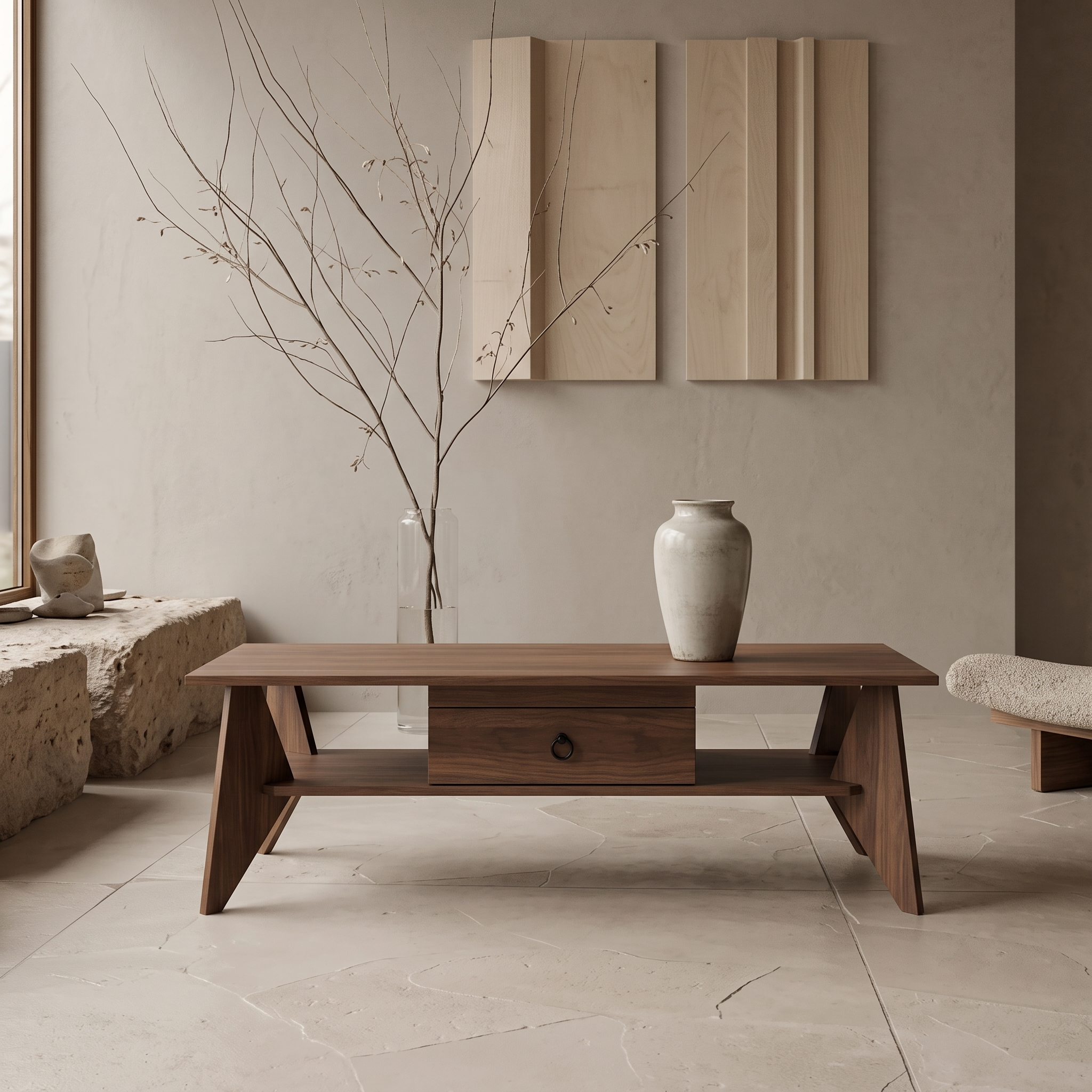 Wooden Coffee Table with Drawer and Open Storage Shelf, Mid‑Century Modern Rectangle Center Table for Living Room, Stable A‑Frame Legs Cocktail Table