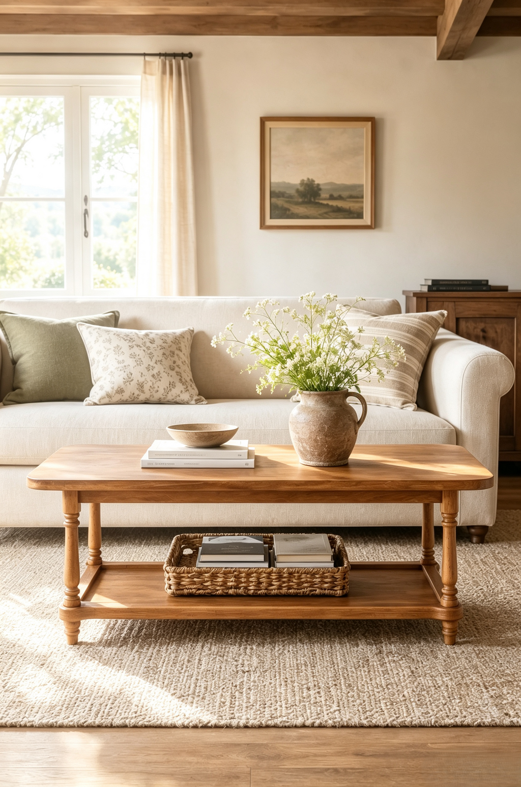 2-Tier Turned Spindle Leg Wooden Coffee Table, Rectangular Farmhouse Cocktail Table with Full Open Lower Storage Shelf, Vintage Traditional Living Room Center Table