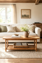 2-Tier Turned Spindle Leg Wooden Coffee Table, Rectangular Farmhouse Cocktail Table with Full Open Lower Storage Shelf, Vintage Traditional Living Room Center Table