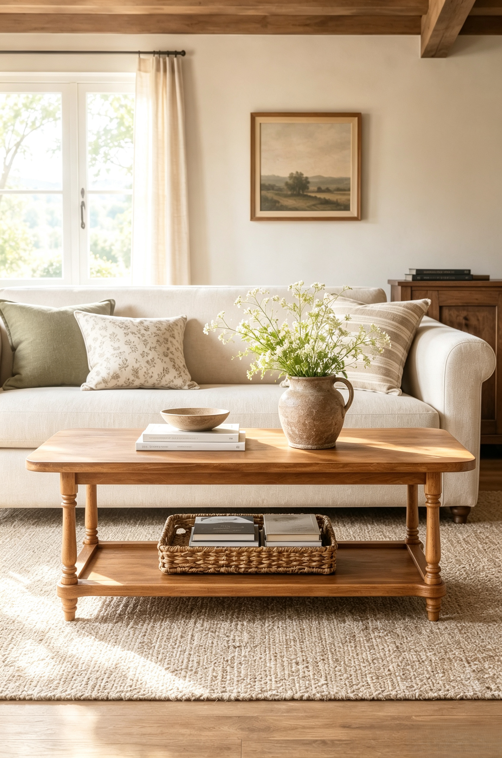 2-Tier Turned Spindle Leg Wooden Coffee Table, Rectangular Farmhouse Cocktail Table with Full Open Lower Storage Shelf, Vintage Traditional Living Room Center Table