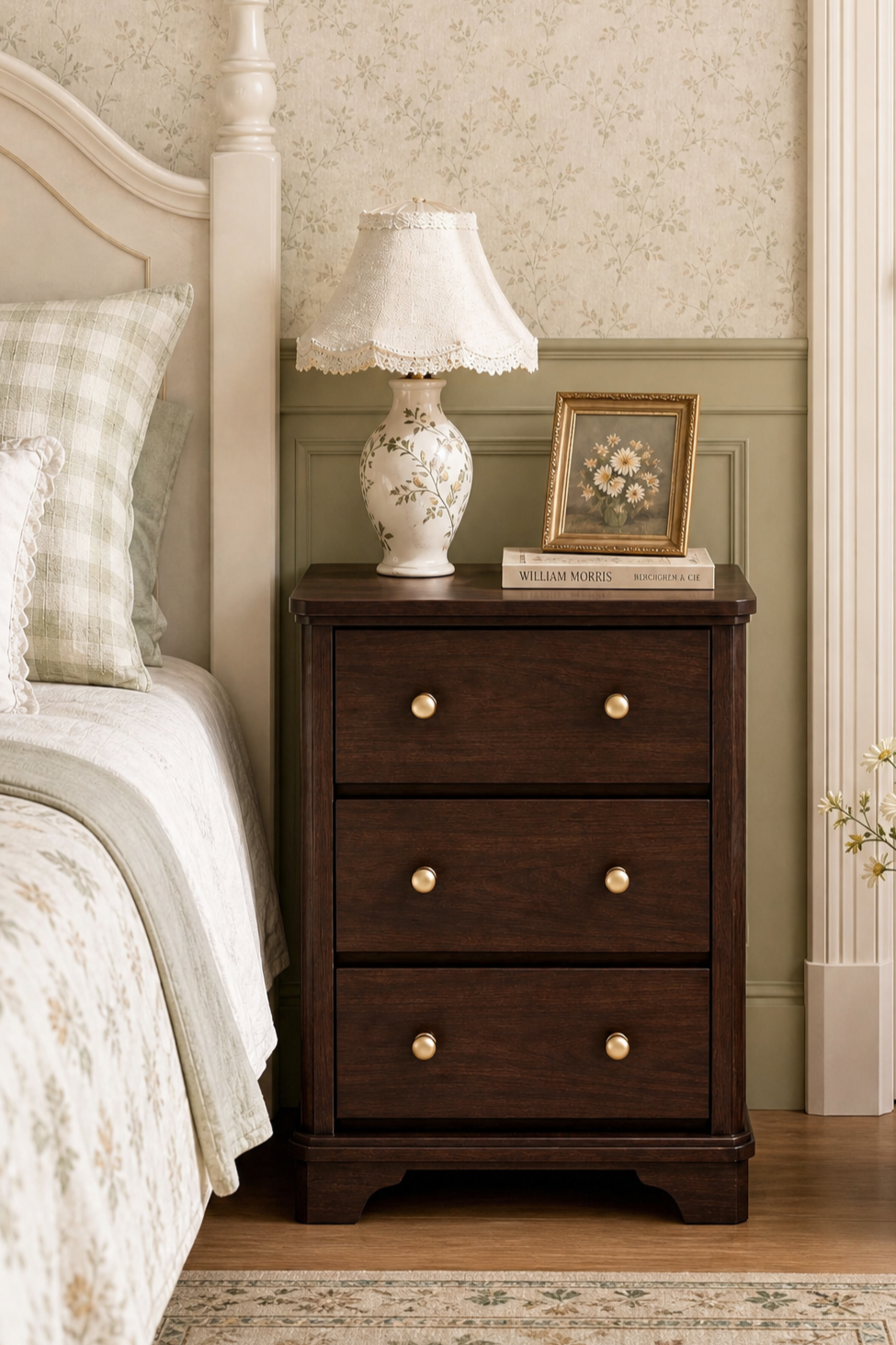 3-Drawer Classic Wooden Nightstand | Recessed Panel Bedside Cabinet with Long Brass Bar Pulls & Curved Kickboard Base
