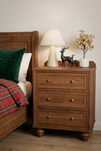 Traditional 3-Drawer Wooden Nightstand | Vintage Bedside Cabinet with Turned Legs & Brass Knobs
