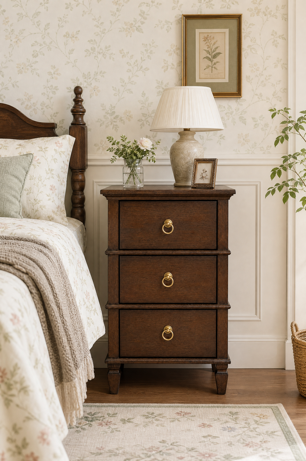 Traditional 3-Drawer Wooden Nightstand | Vintage Bedside Cabinet with Turned Legs & Brass Ring Pulls